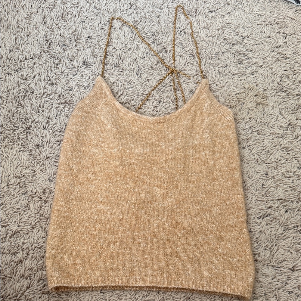 Women’s Zara knit sweater beige tan tank gold metal straps sz Small